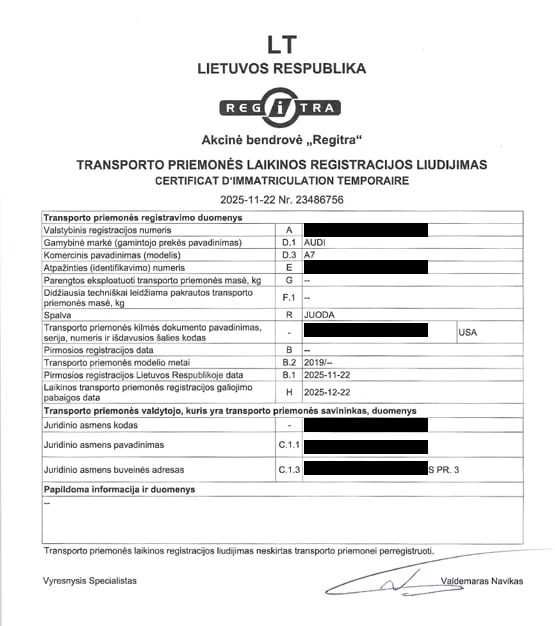 Свидетельство о временной регистрации, выданное Regitra, с гармонизированными полями ЕС и сроком действия.